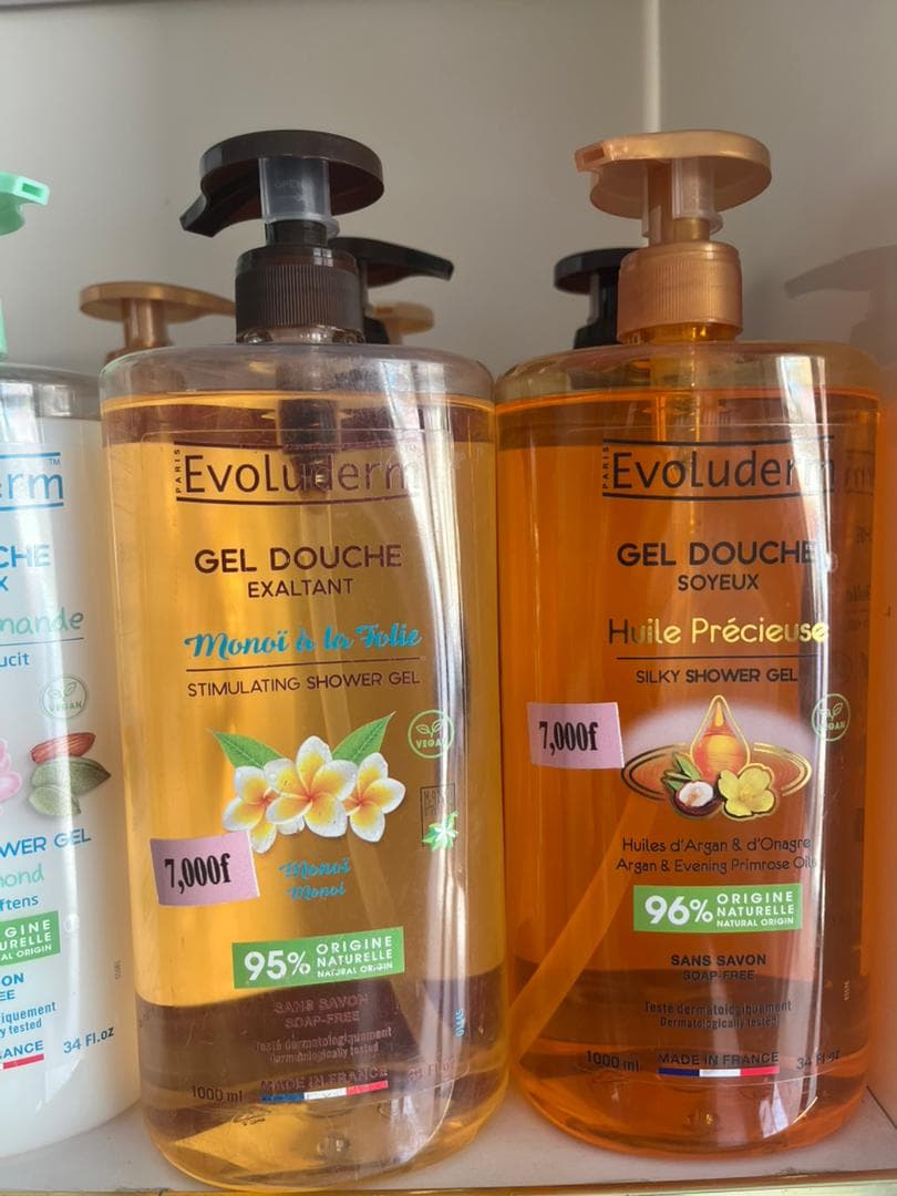 Evoluderm Paris Gel Douche Soyeux Huile Précieuse aux huiles d'argan et d'onagre, flacon pompe 1 L, vegan