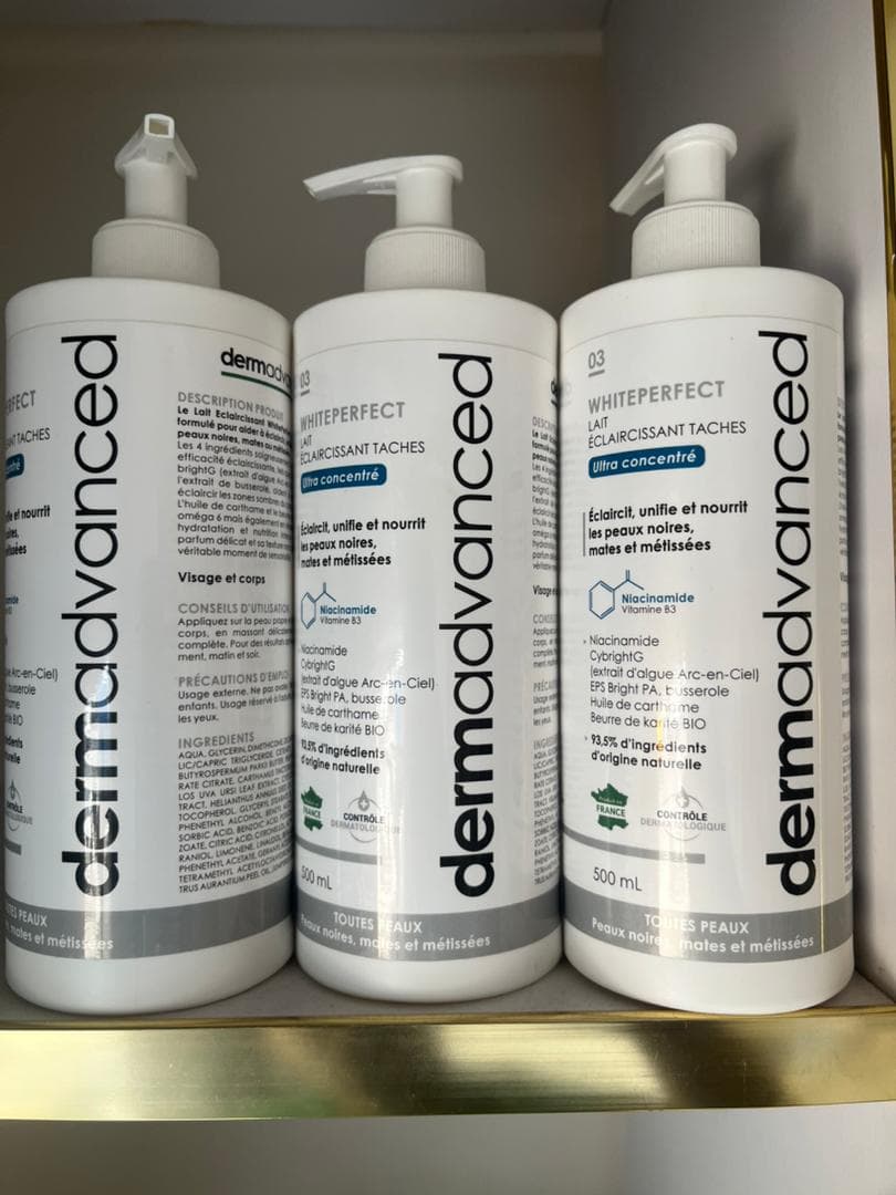 Dermadvanced WhitePerfect 03 Lait Éclaircissant Taches Ultra concentré, niacinamide vitamine B3, flacon pompe 500 ml, peaux noires mates et métissées
